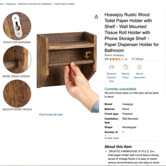 Rustic Wood Wall Mount Toilet Paper Holder with Phone Storage Shelf, NWOT - Picture 8 of 9